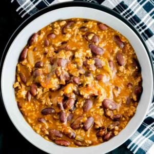 Instant Pot Firehouse Chili in a white bowl.