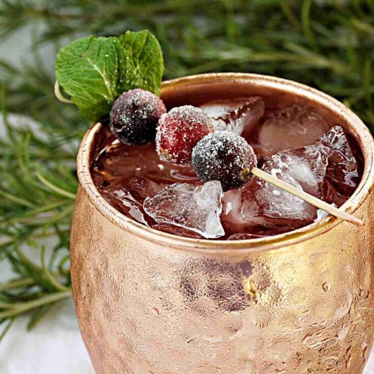 Spiced cranberry mule with sugared cranberries.