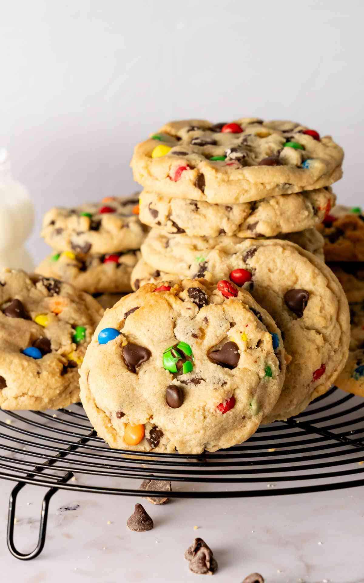 A stack of M&M Peanut Butter Cookies with chocolate chips.