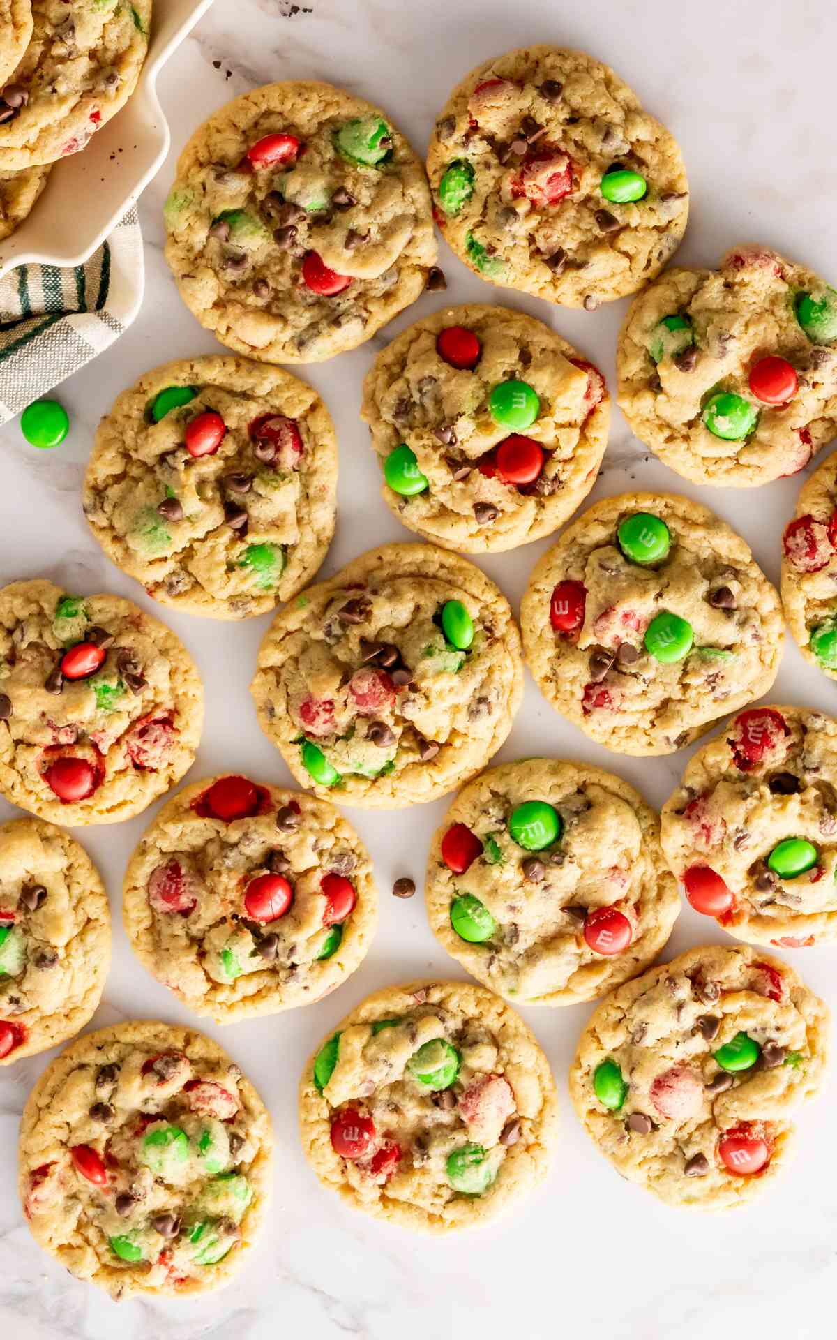 Birdseye view of M&M Christmas Cookies made with red and green candies.