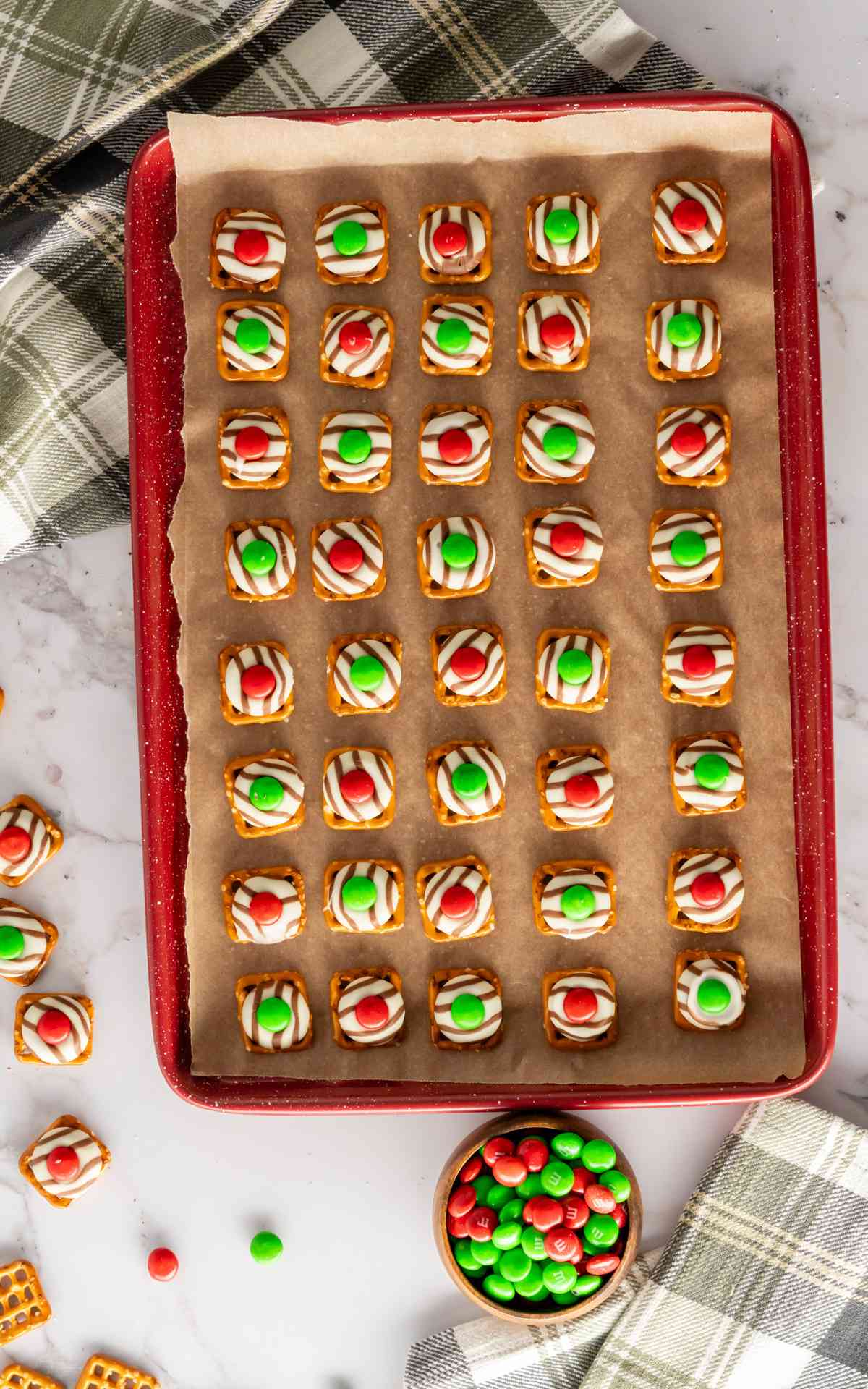 Red and green M&M's topped with Hershey hugs and red and green M&Ms.