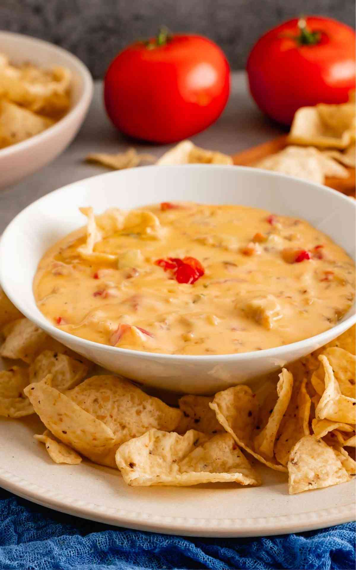 A dipping bowl of slow cooker Rotel dip surrounded by tortilla chips.