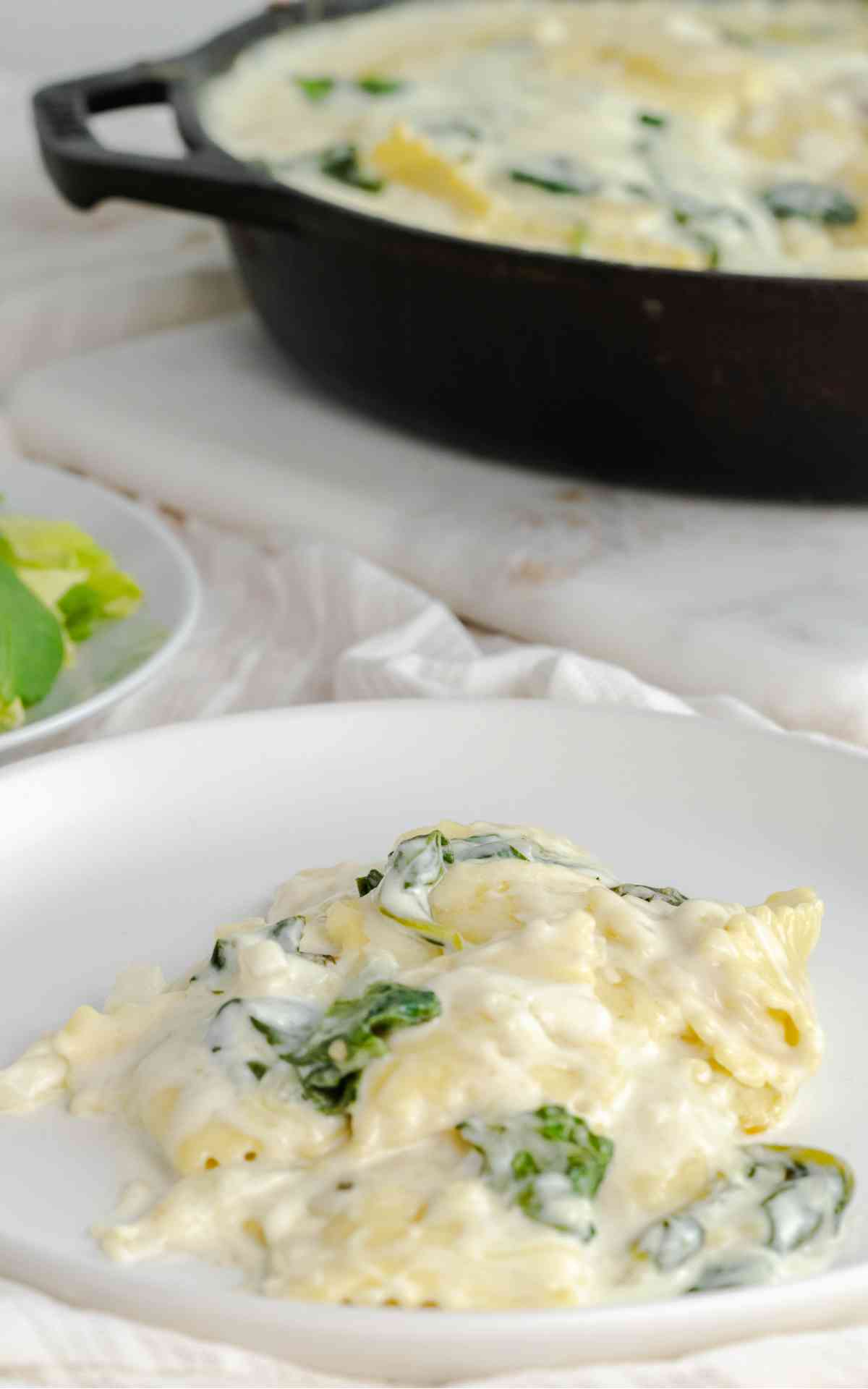 A serving of ricotta cheese spinach ravioli on a white plate.