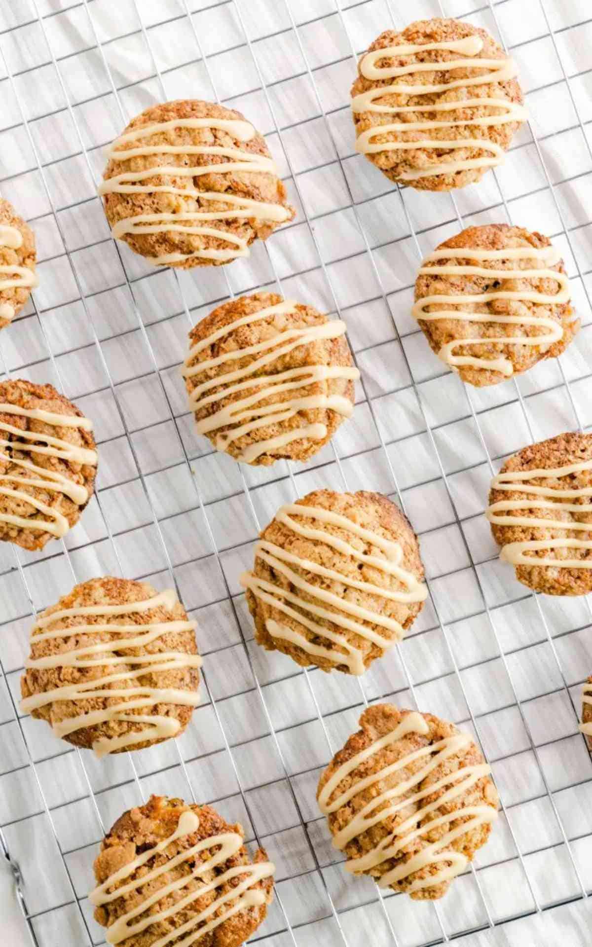 Top view of cooling banana caramel muffins on a wire rack.