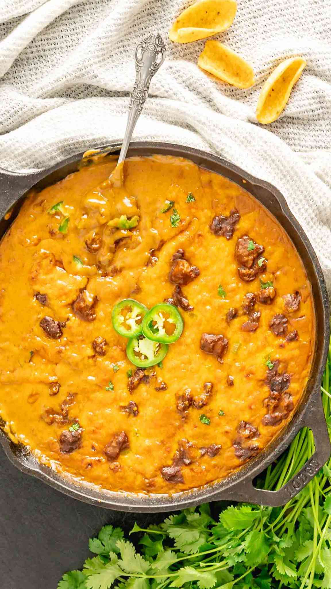 Chili cheese dip that was broiled in the oven.