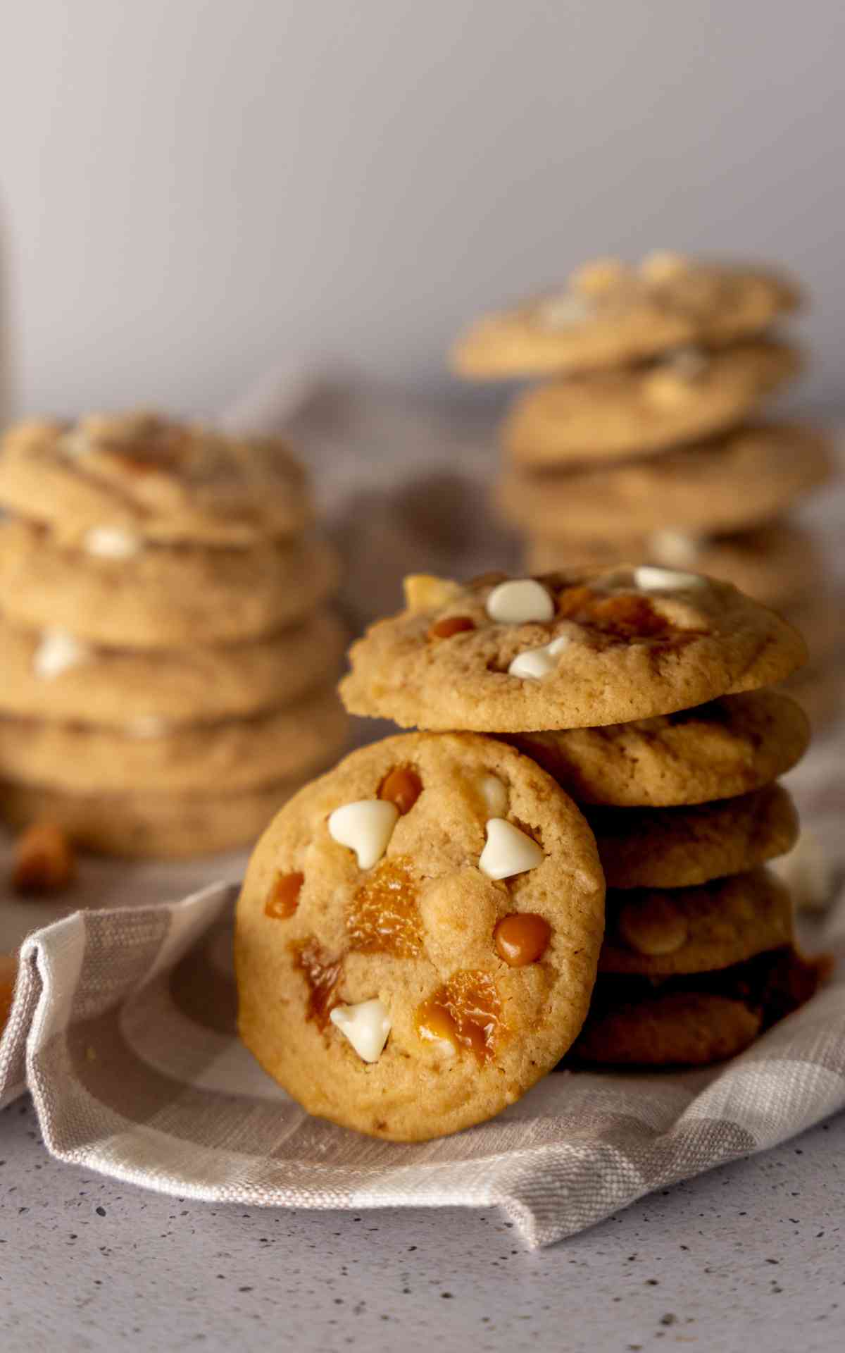 A small stack of caramel cookies with one propped up on the stack.