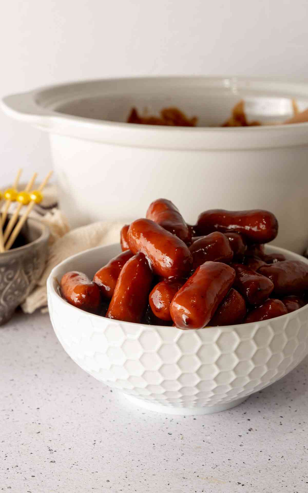A bowl of little smokies made in the Crockpot.