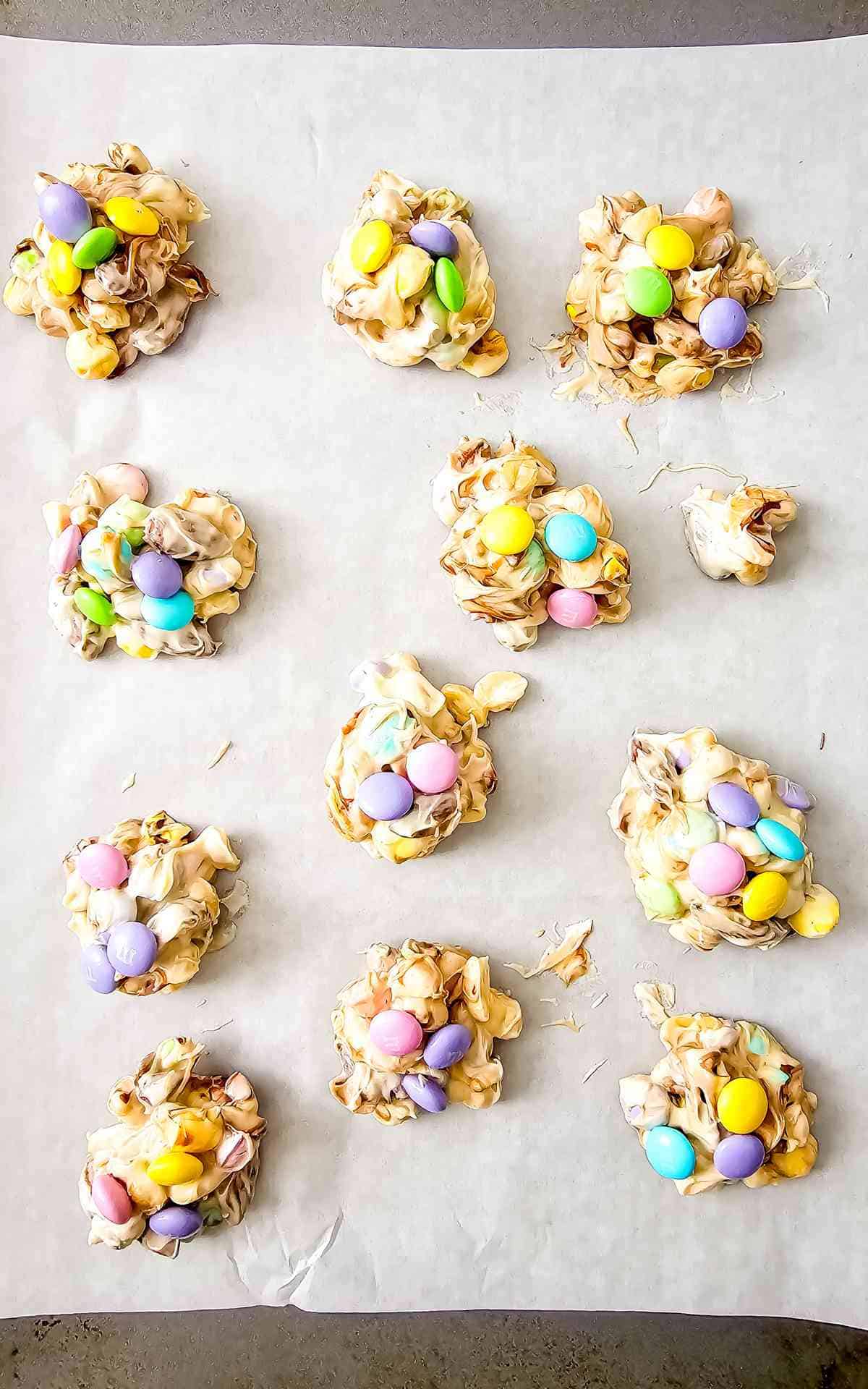 Melted Easter candy hardening on parchment paper.