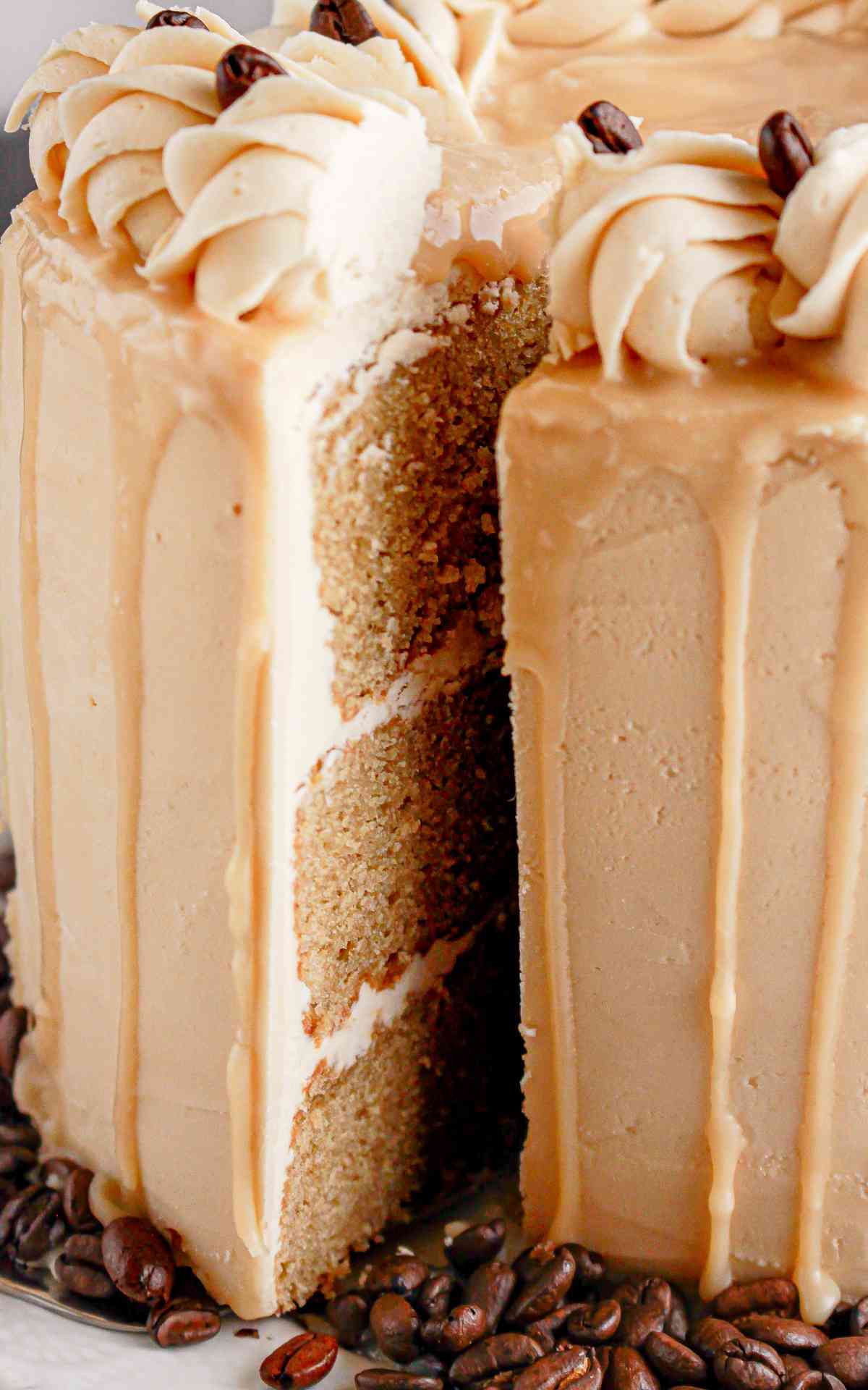 A slice of three layer cappuccino cake taken from plate.