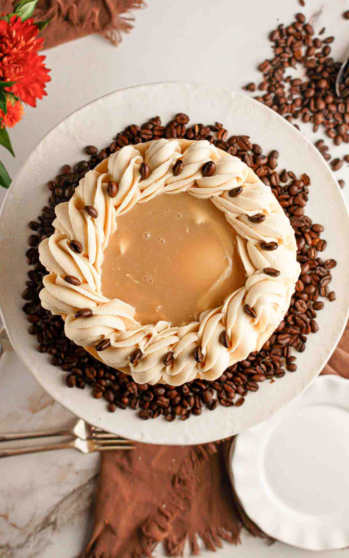Top view of finished and decorated cappuccino layer cake.