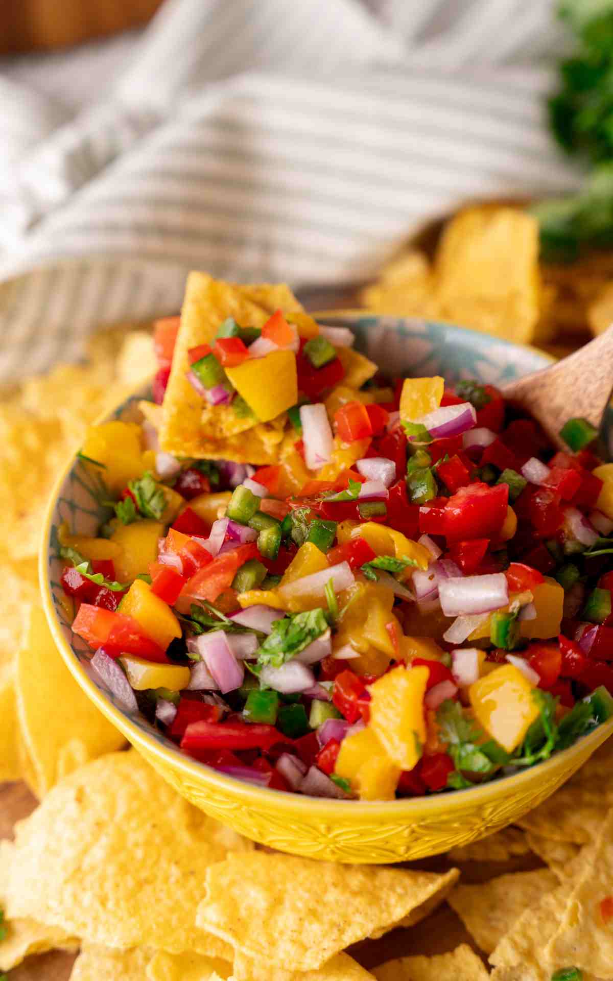 A view of the top of a decorative bowl of freshly made peach salsa recipe with cilantro.