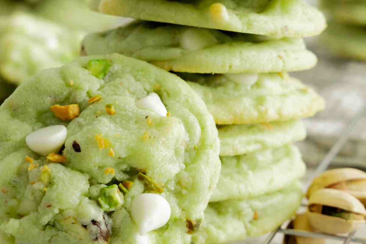 A stack of pistachio cookies with chocolate chips msn image.