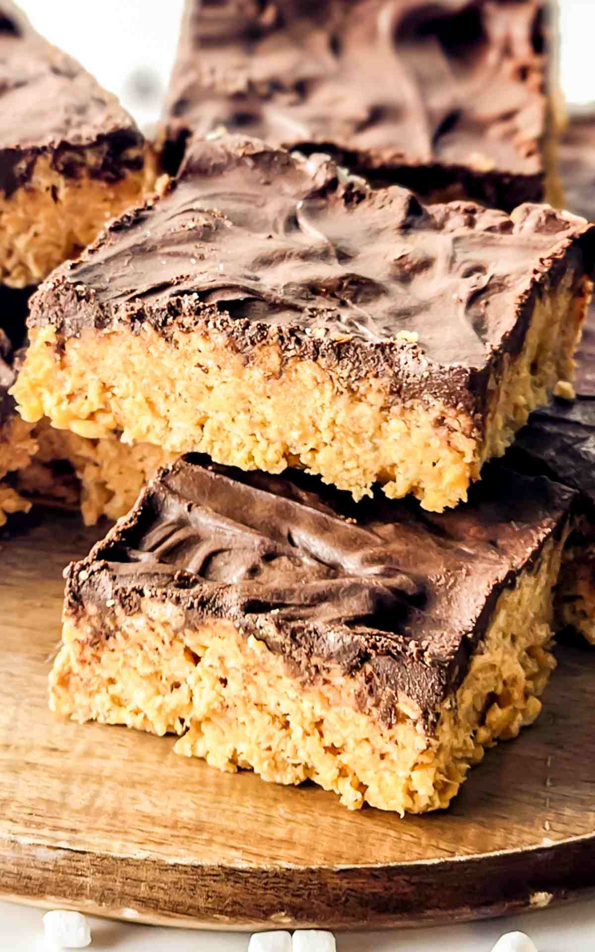 Crispy treats made with peanut butter and chocolate chips.