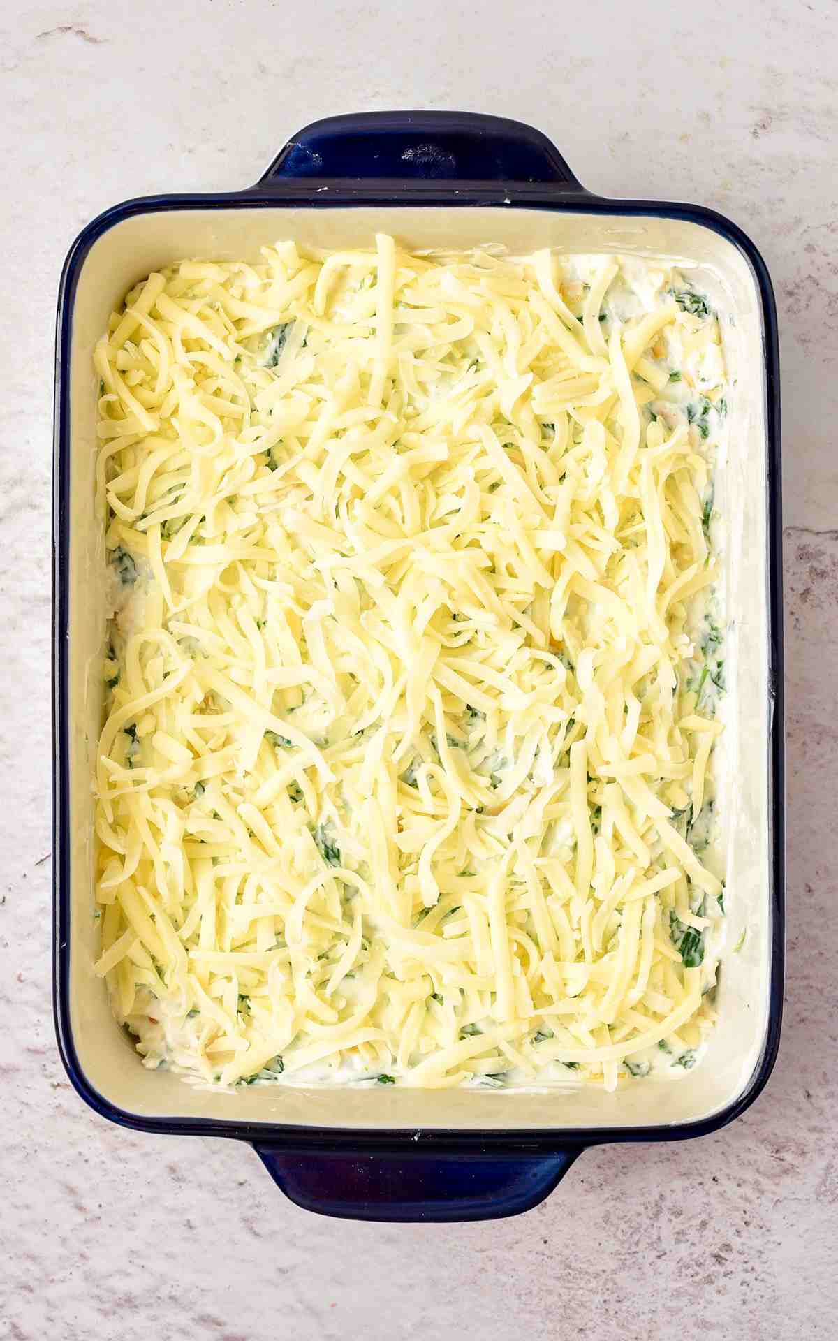 Spinach artichoke dip recipe before going in the oven.