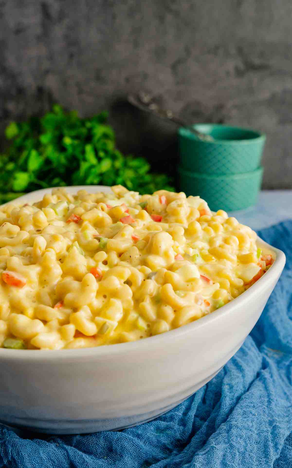 A big bowl of creamy Amish macaroni salad.