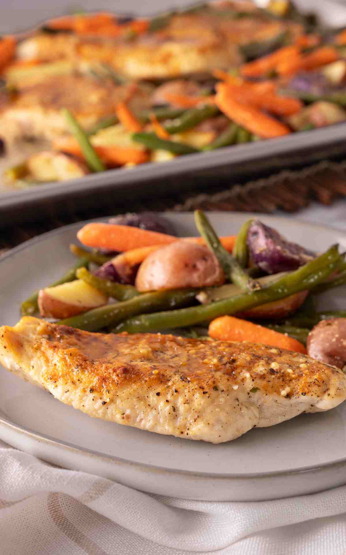 A plate with cooked chicken and roasted vegetables.