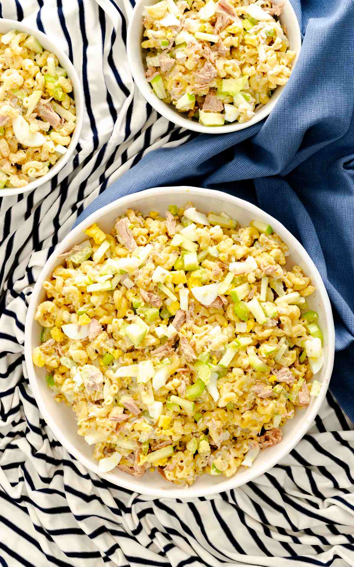 Birds eye view of tuna pasta salad.