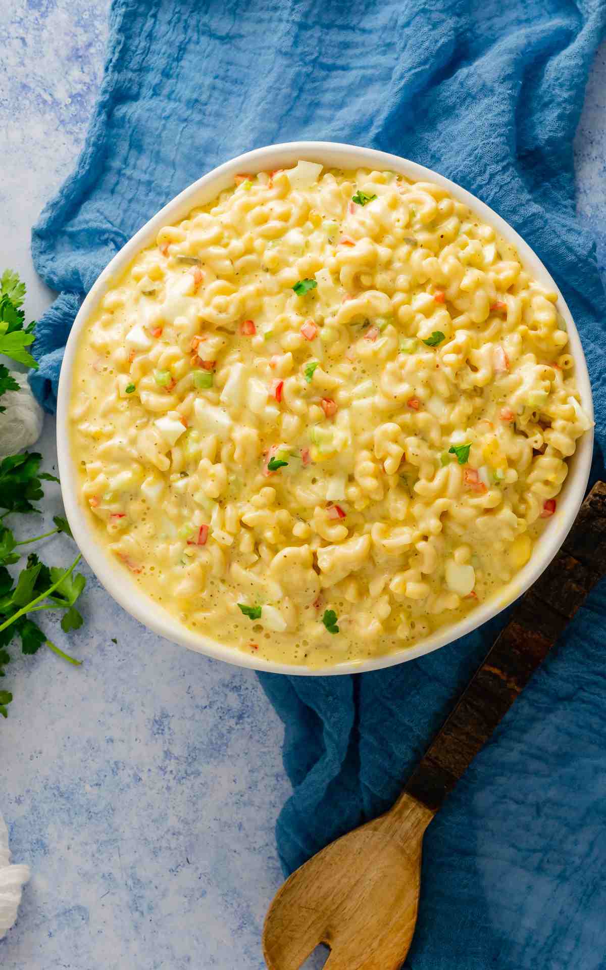 Classic macaroni salad in a serving bowl.