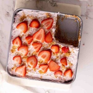 Recipe card no bake strawberry dessert.