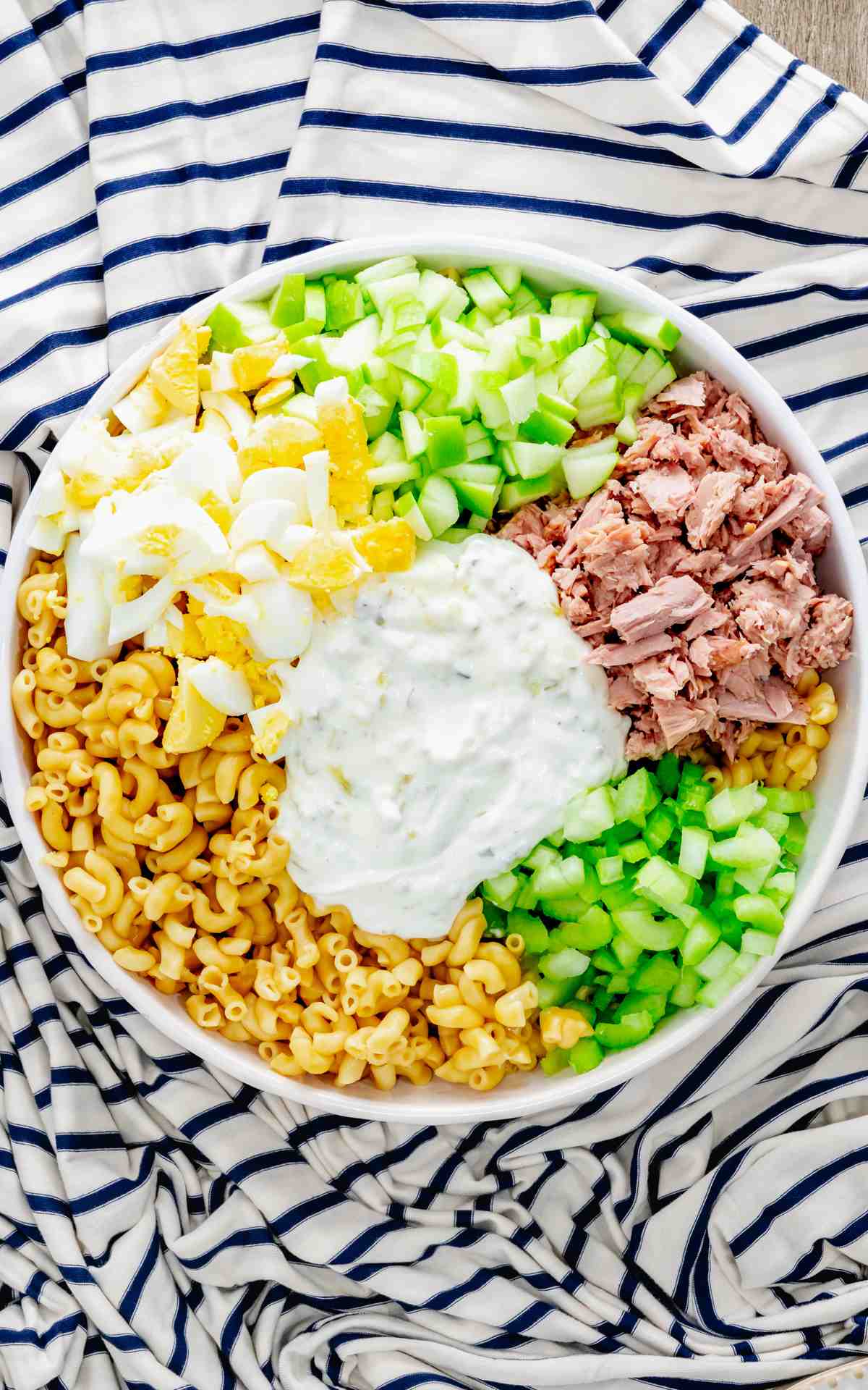 Tuna pasta salad ingredients.