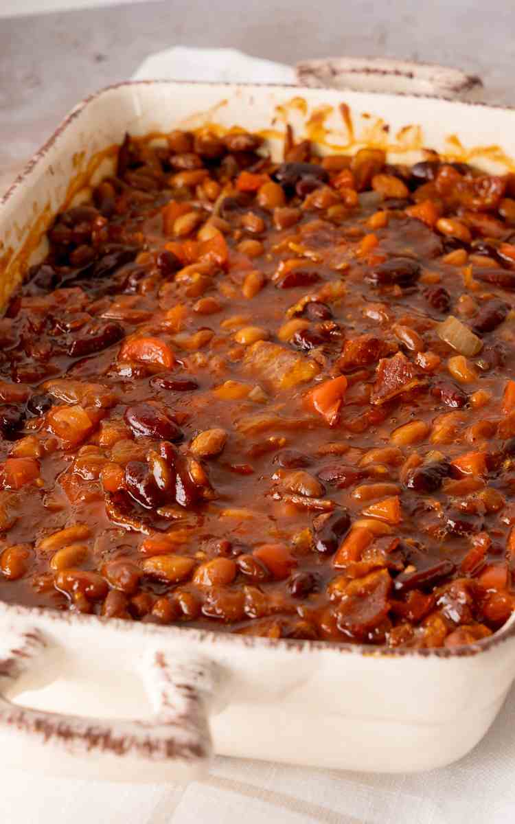 Bacon Baked Beans in a 9 by 13 dish bubbly and hot.