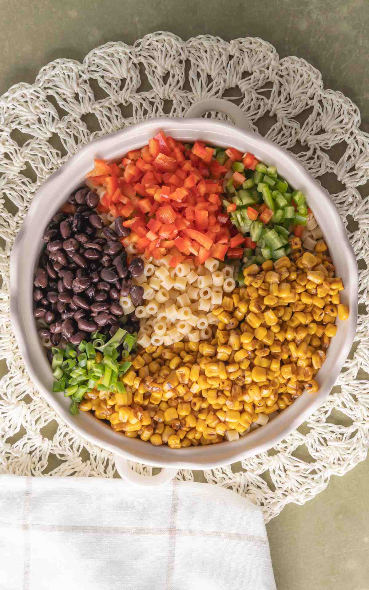 Chopped ingredients for mexican street corn pasta salad.