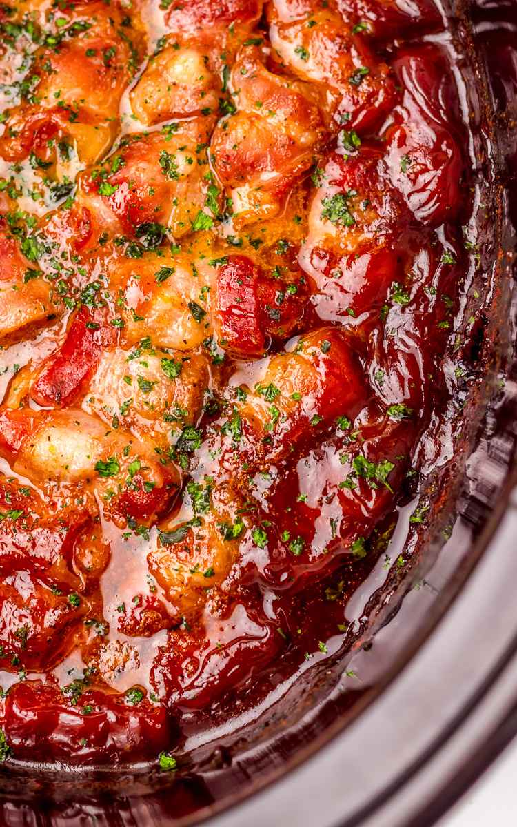 BBQ Bacon Wrapped Smokies in a crockpot.