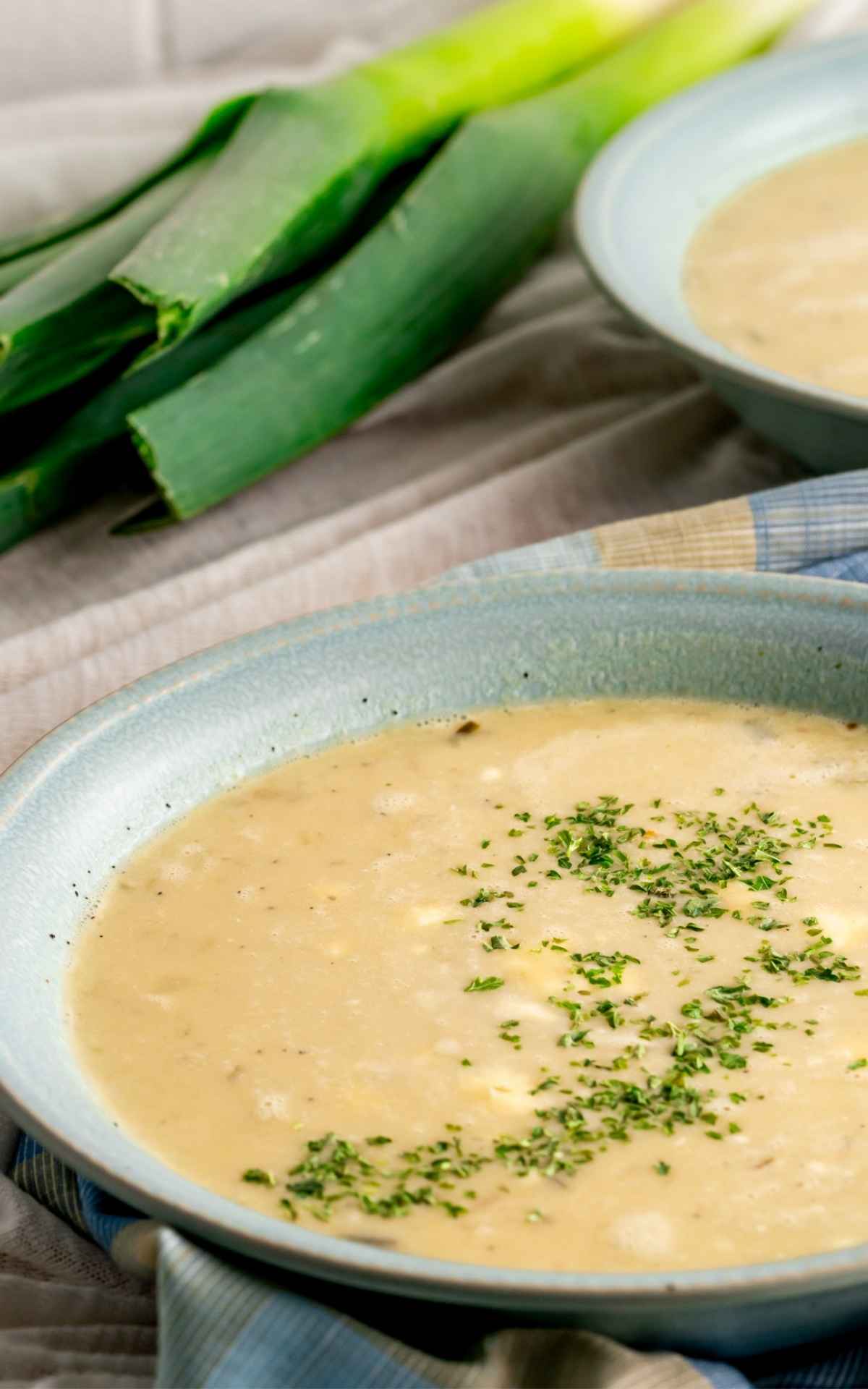 A bowl of leek and potato soup garnished with parsley.