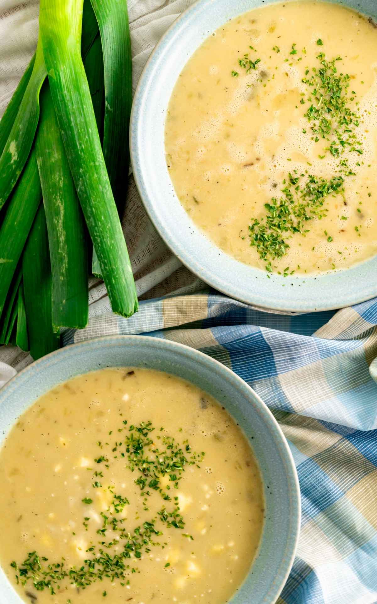 Two bowls of creamy leek and potato soup.